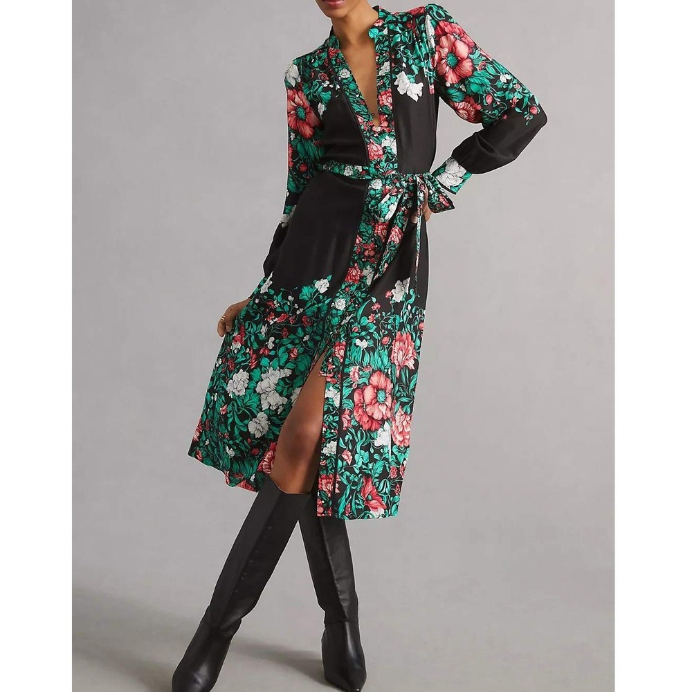 By Anthropologie Black Green Pink Button Front Floral Midi Shirt Dress Small
